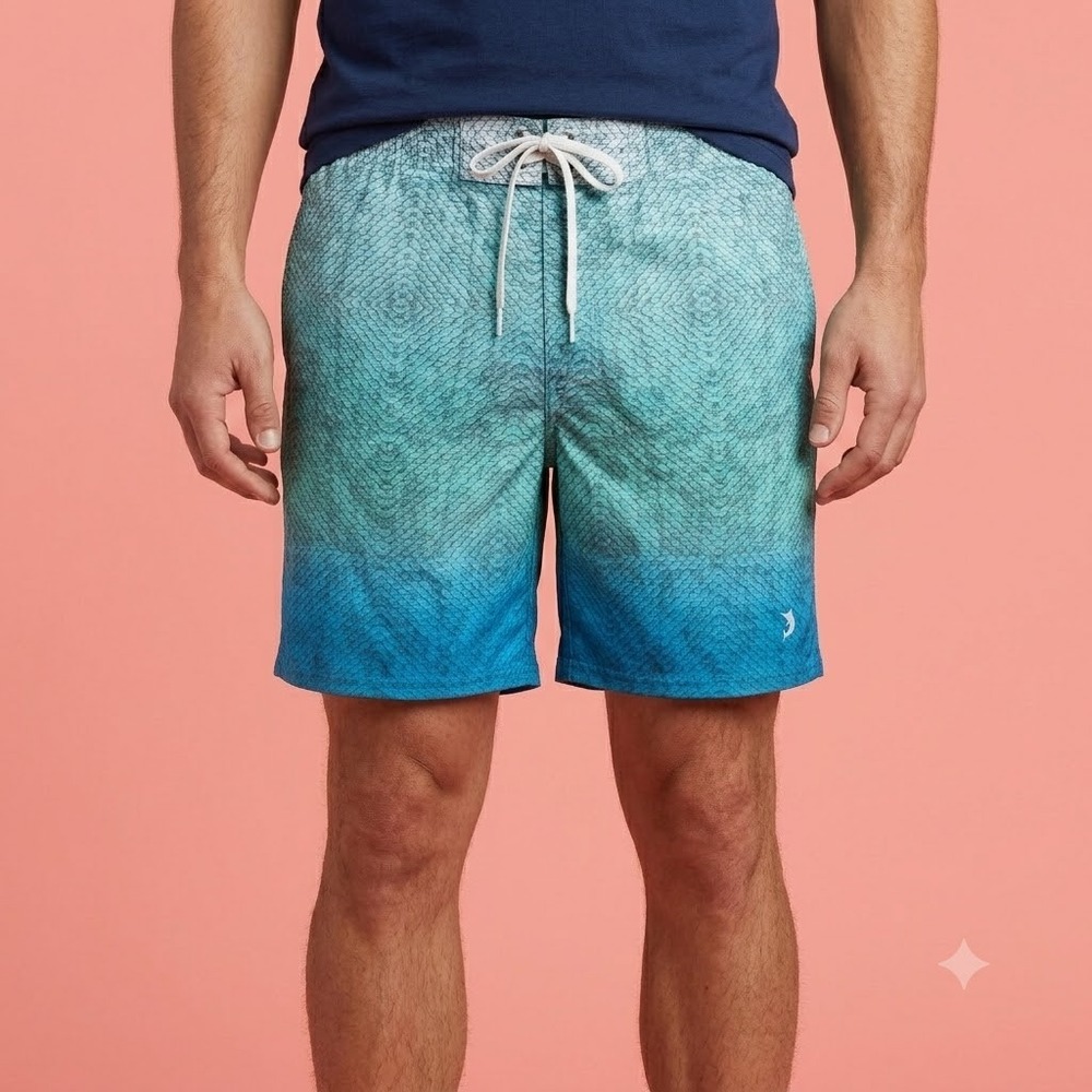 Reel Legends‎ Swim Trunks Mens M Blue Green Fish Scale Performance Board Short